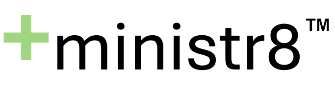 The +ministr8 logo. A green cross followed by the ministr8 text in black