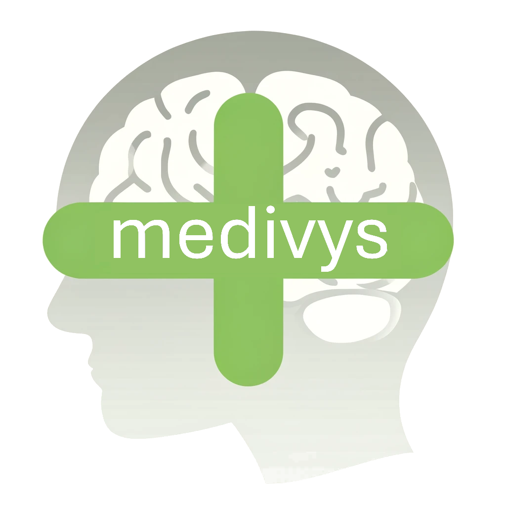 Medivys icon. A drawing of a head with a brain and a green cross in front with the work Medivys writtien horizontally.