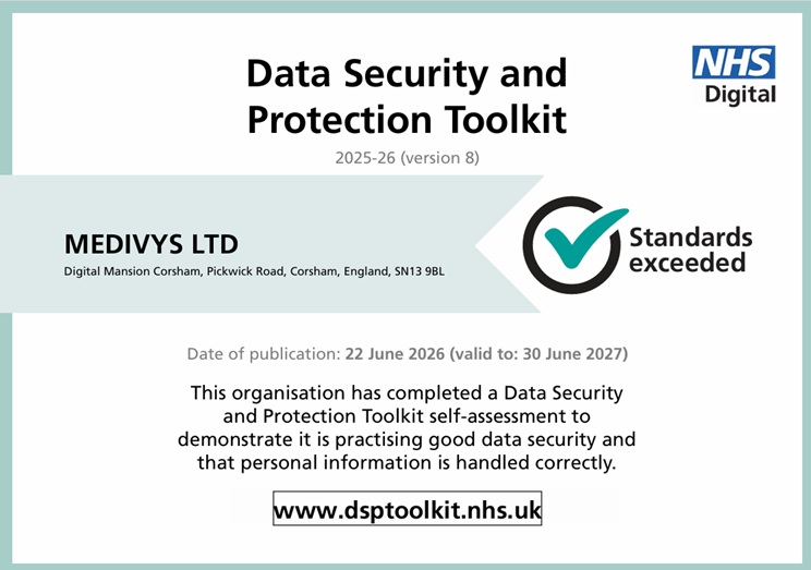 Data Security and Protection Toolkit 2025-26 certificate for Medivys Ltd showing Standards exceeded, published 22 June 2026, valid to 30 June 2027